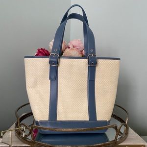Coach Blue Leather and Natural Woven Straw Bag